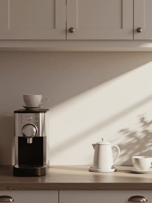 Modern coffee station & white kitchen cabinets