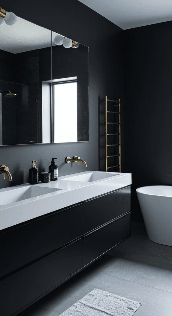 black double sink vanity idea with chrome taps