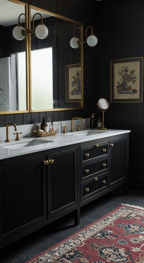 black double vanity with brass accents