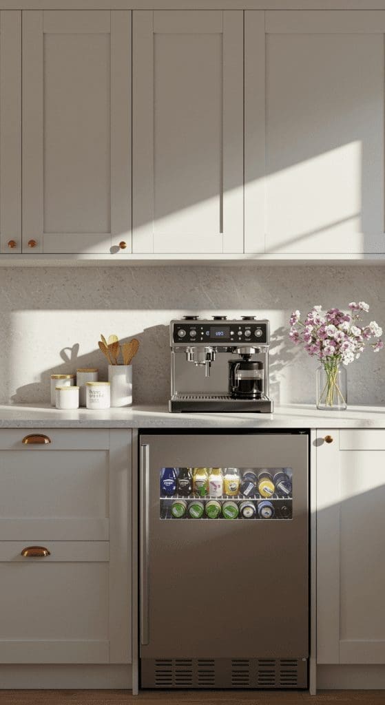 coffee station with a fridge underneath