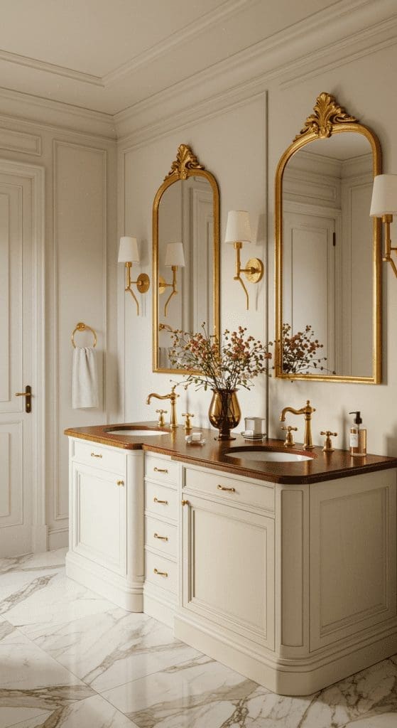 luxury double vanity idea with gold taps and mirrors