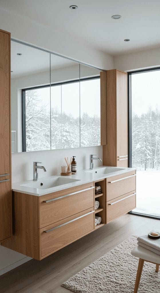 double sink vanity idea with tower storage on either side