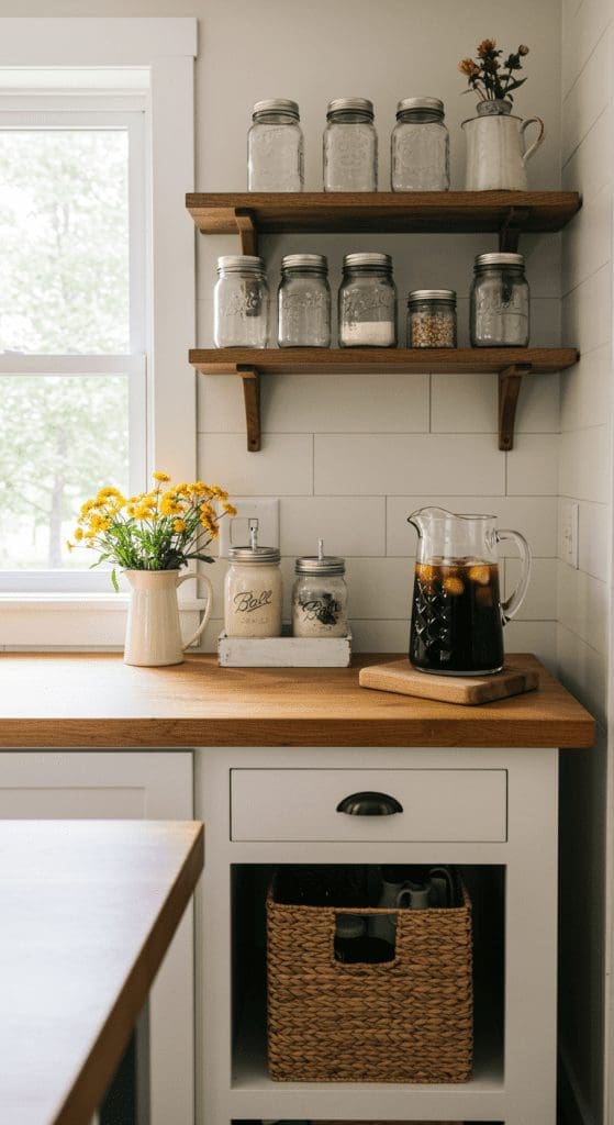 rustic farmhouse style coffee station with mason jars