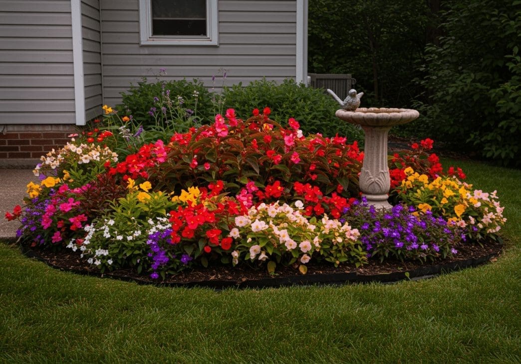 colourful front lawn flowerbed