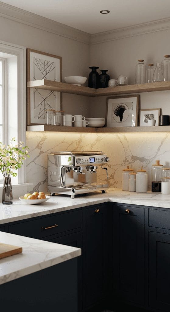 Glamorous coffee station with black kitchen cabinets and chrome fixtures