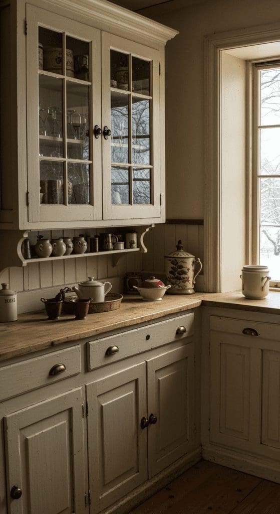 glass front cabinets in a vintage cottage kitchen