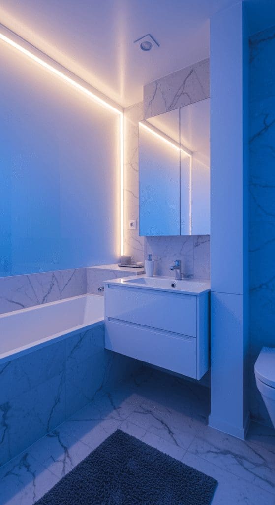 glossy double sink vanity idea with LED lights