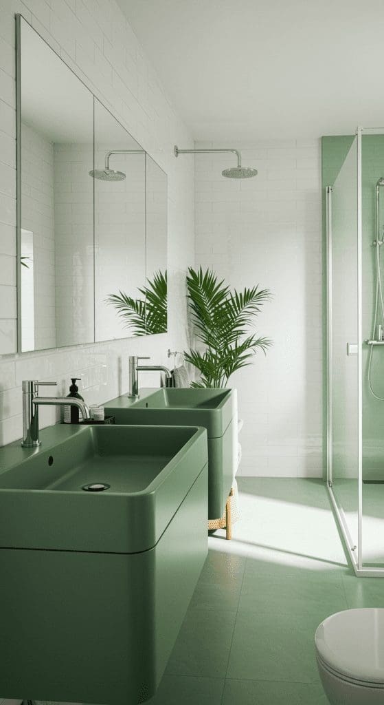 matte green double sink vanity idea