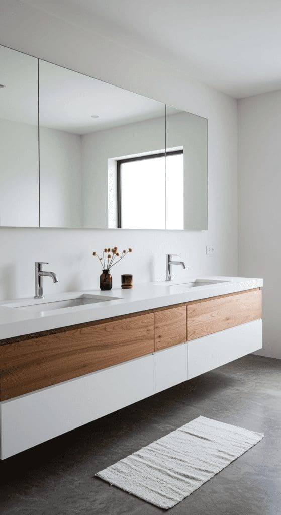 natural wood and glossy double vanity idea