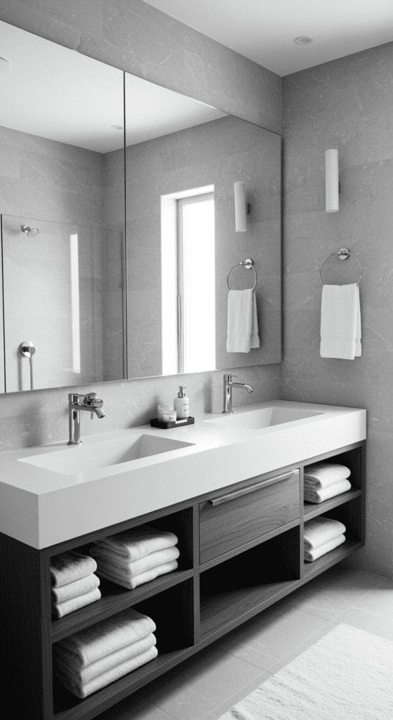 open shelving in a double vanity for space and storgae