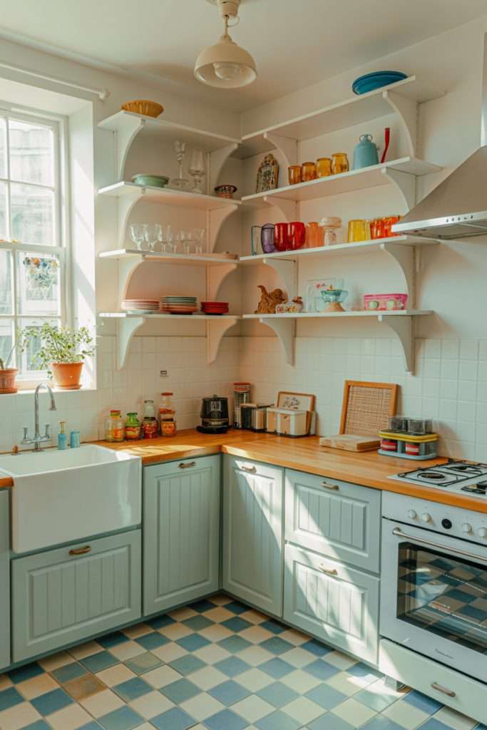 open shelving vintage cottage kitchen