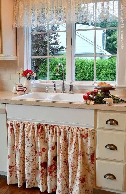 skirted sink base in a vintage cottage kitchen