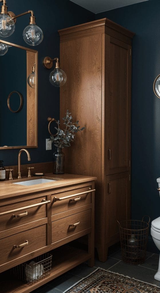 double sink vanity idea with a tall cabinet tower for storage