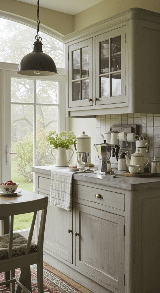 coffee and tea station in a country style kitchen