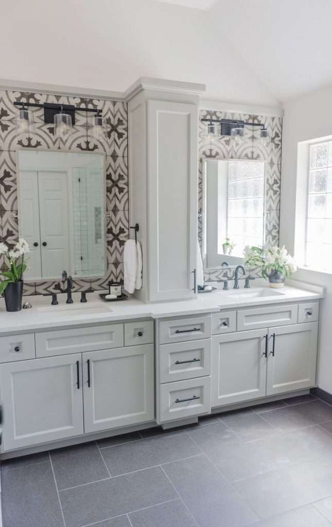 double vanity idea with bold tiles