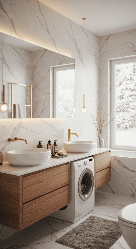 double sink vanity idea with a washer underneath for space saving