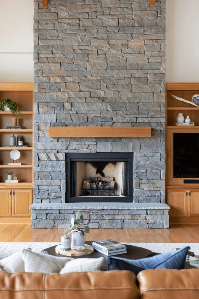 fireplace with built in shelving
