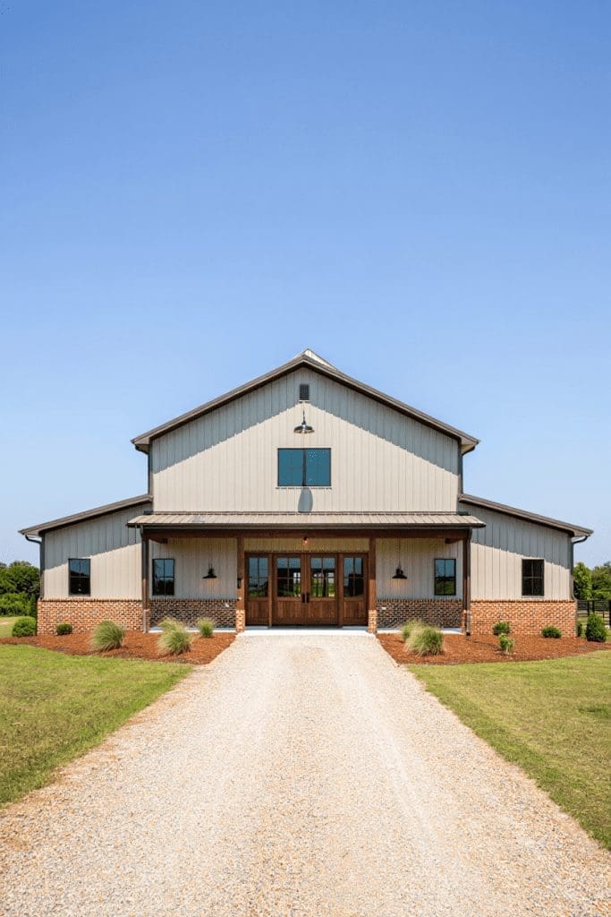 brick skirting around an modern farmhouse
