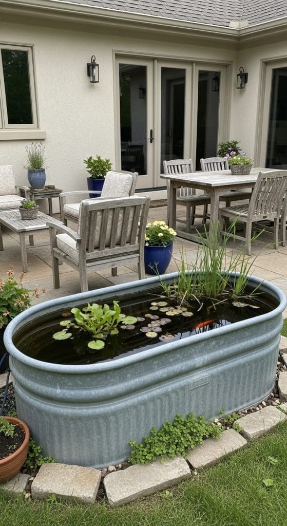 galvanised tub as pond
