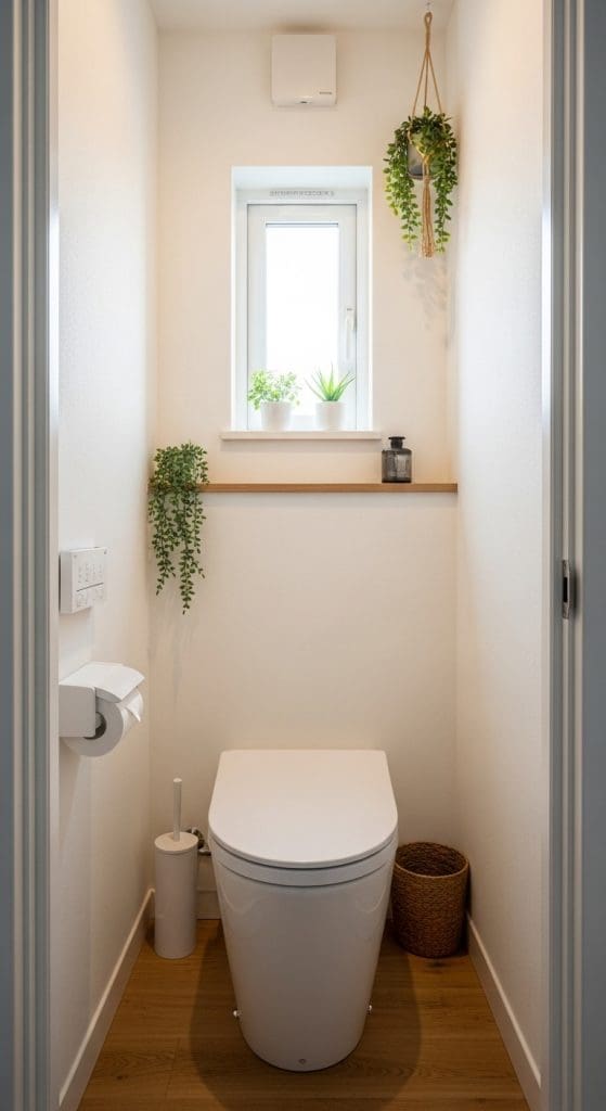 fake potted plants hanging in bathroom