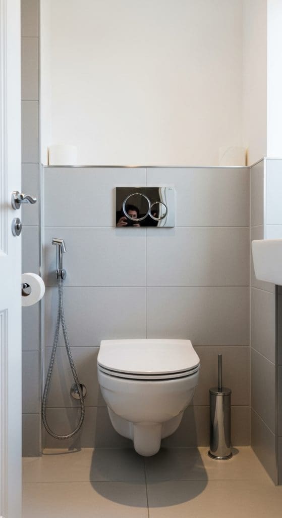 Slimline wall hung toilet in a small bathroom