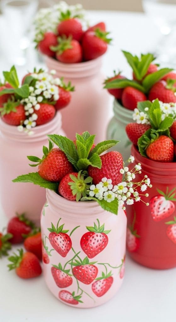 strawberry in printed vases
