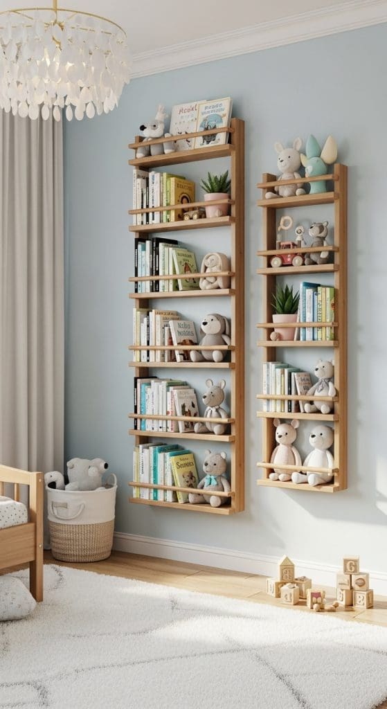 vertical shelves child's bedroom