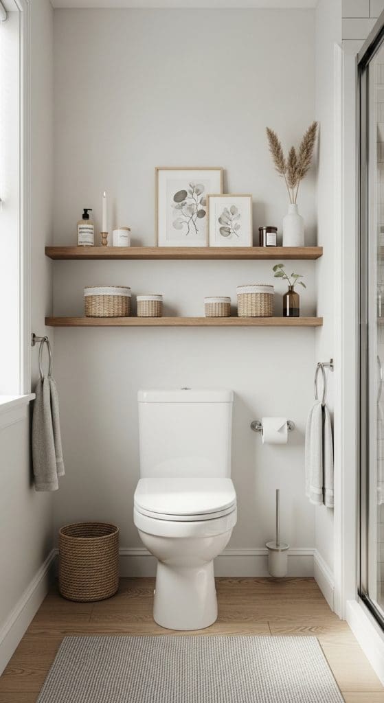 floating shelf in toilet with different accessories
