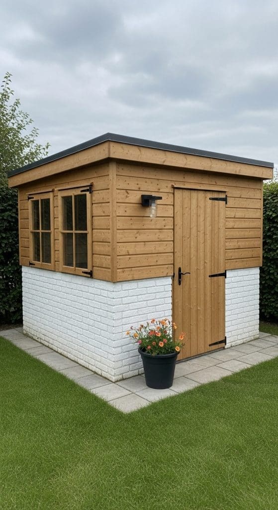 whitewashed brick and wood shed