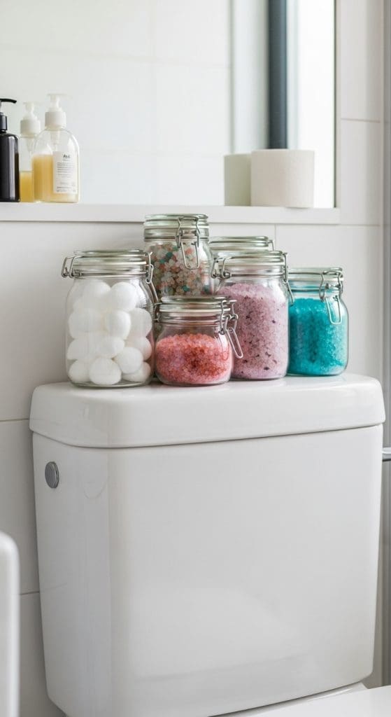glass jars with bathroom accessories