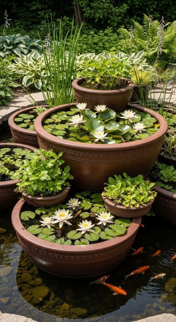 ceramic pots used as Pond Ideas for Small Gardens