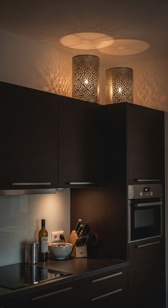 oversized candles on top of kitchen cabinets