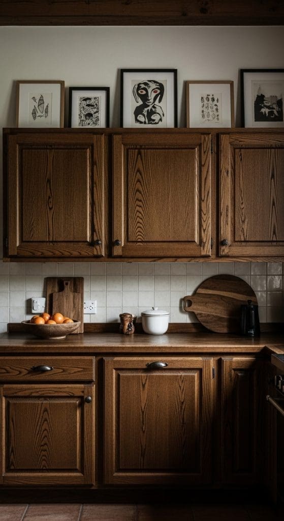 picture frames on top of kitchen cabinets