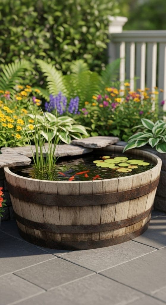 whiskey barrel Patio Pond Ideas