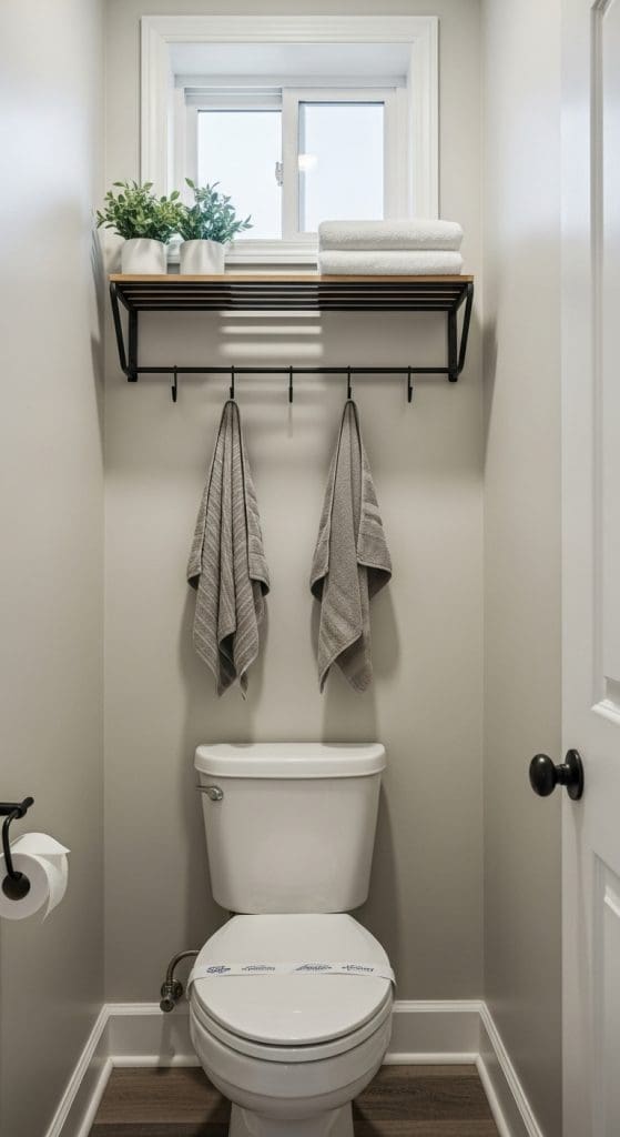 single long shelf with hooks Over the Toilet Storage Ideas