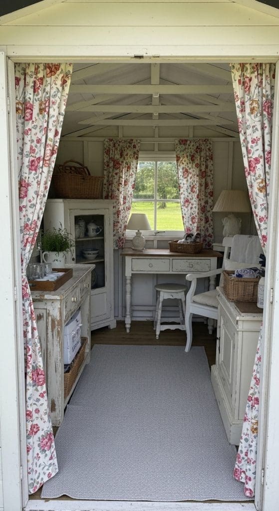 shabby chic garden shed with linen curtains and furniture