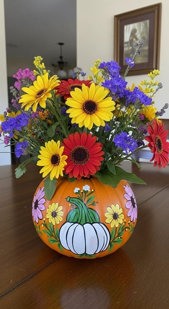 painted pumpkin with wildflowers