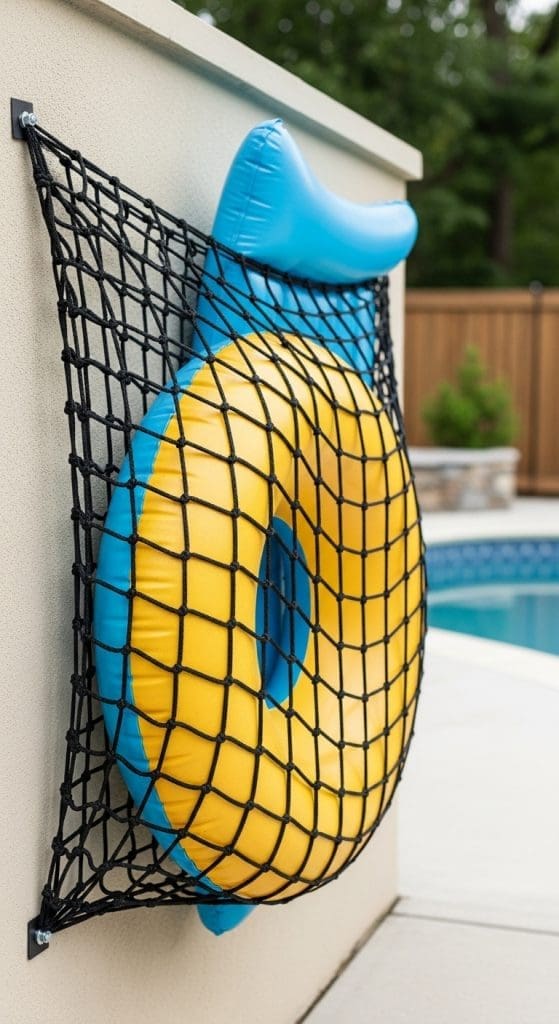 mesh wire on wall with pool floats
