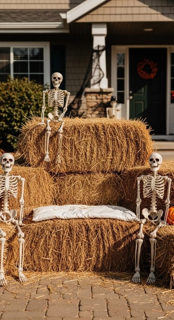 skeletons on hay bales