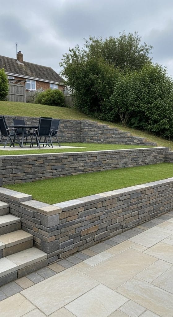 sloped garden with patio set