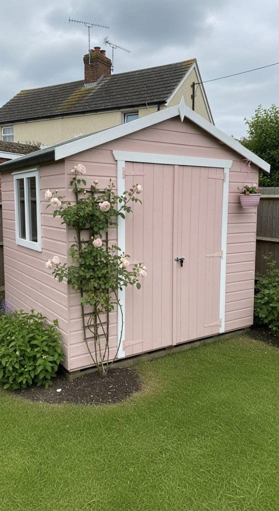pink shed with roses