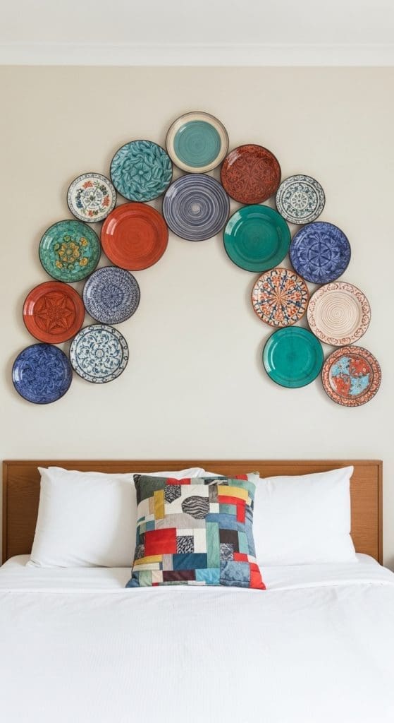plates hung above bed
