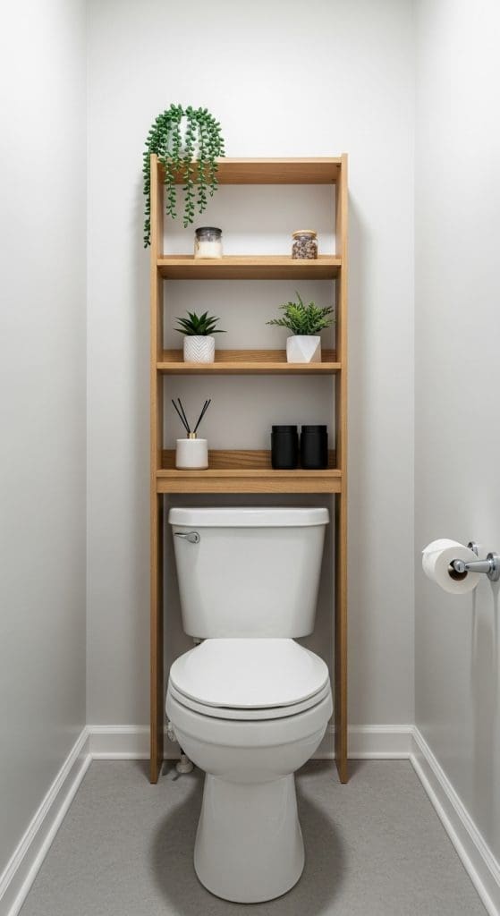 movable shelves above toilet