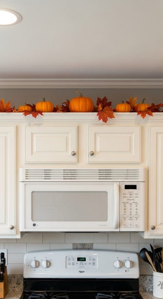 pumpkins and autum leaves on top of kitchen cabinets Style the Space Above Kitchen Cabinets