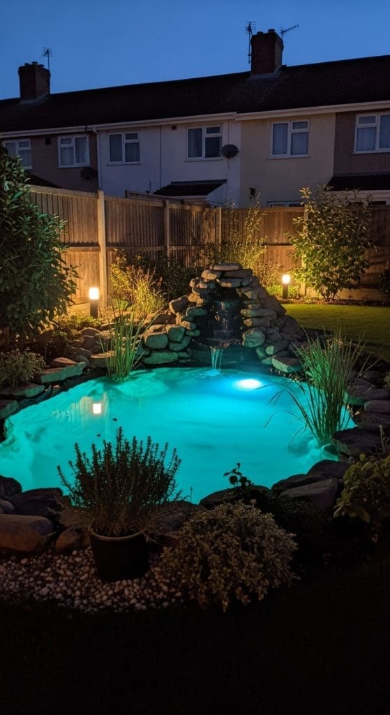 small garden pond with LED lights