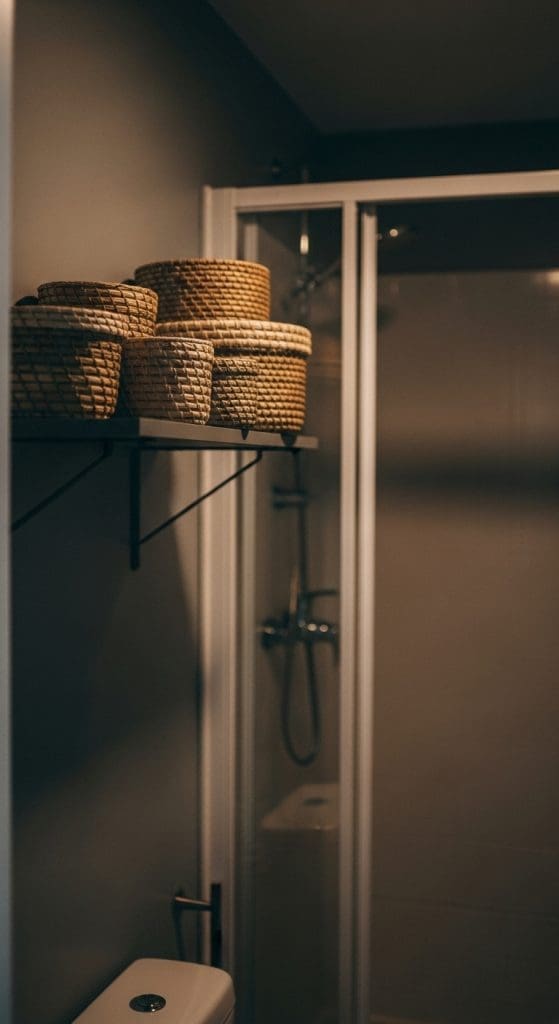 rattan baskets on shelf above toilet