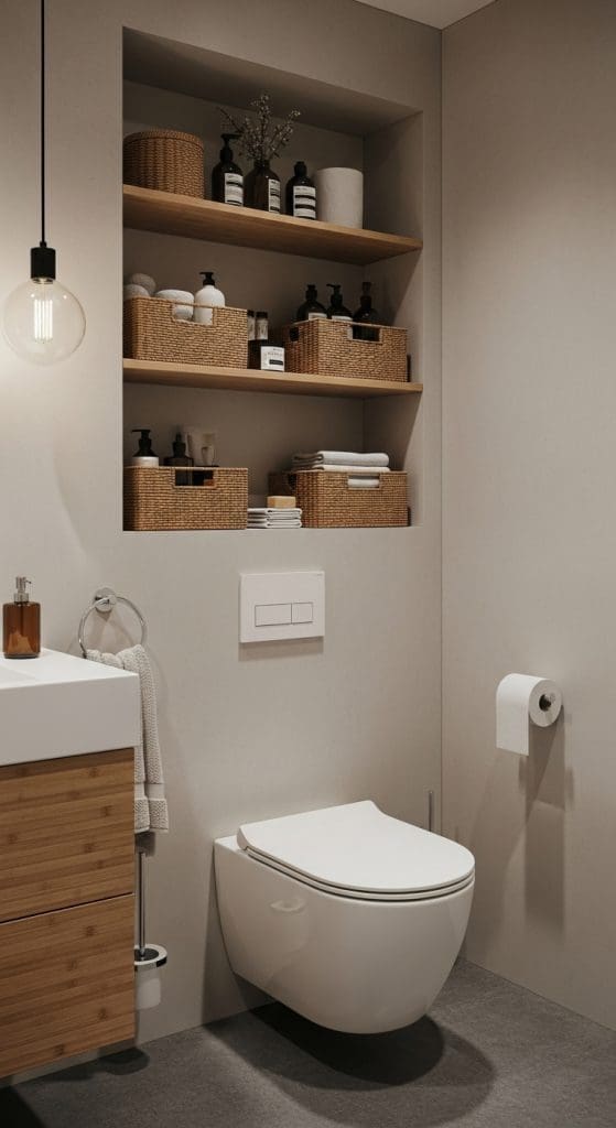 rattan baskets on shelves in a toilet