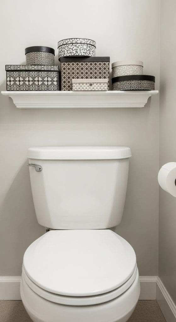 display boxes on shelf above toilet
