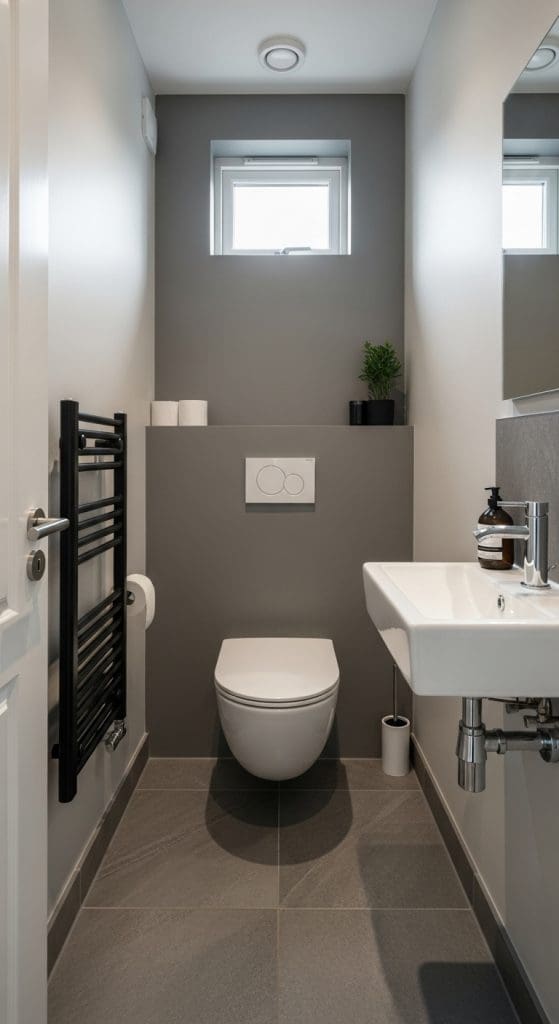 mini heated black towel rail in a toilet