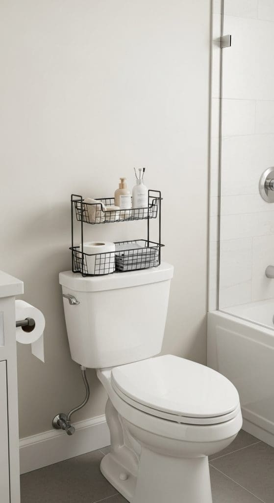 tiered baskets on top of toilet tank